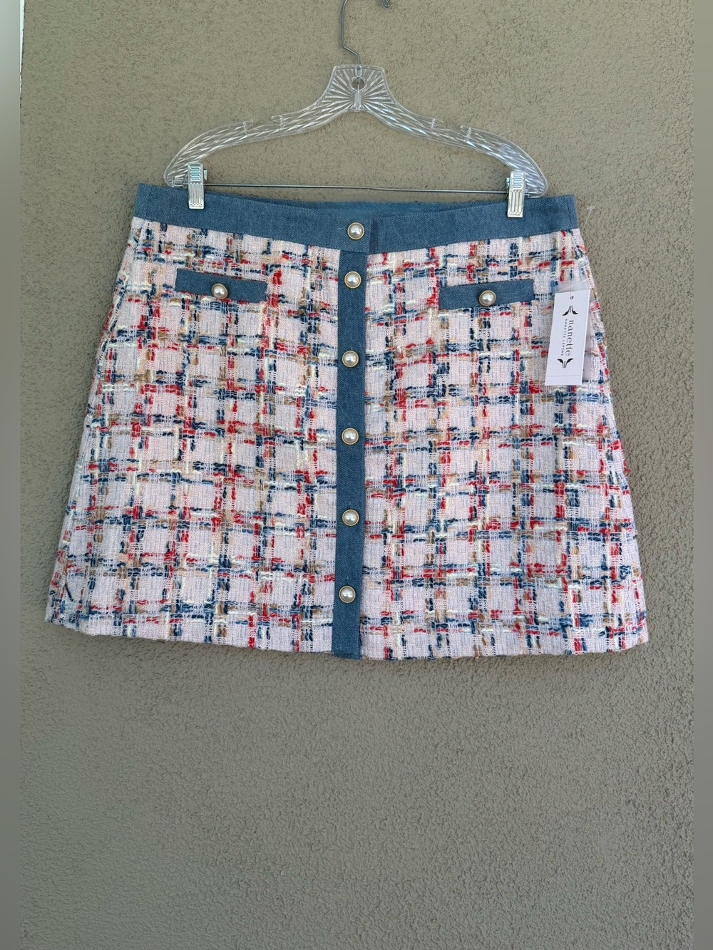 Nanette Lepore Pink, Blue and Red Tweed XL, Mini Skirt with Pearl Buttons